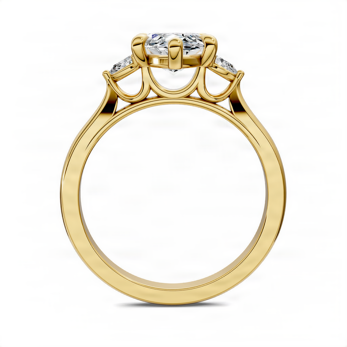 Three-stone marquise ring in yellow gold with marquise center and side stones, front view