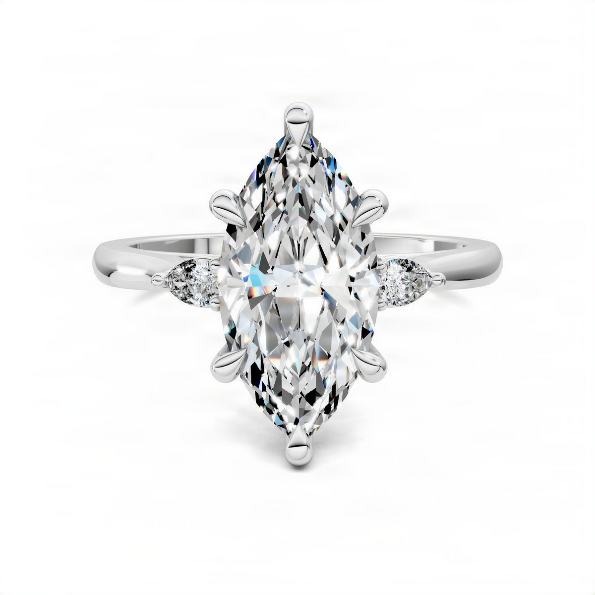 Three-stone marquise ring in platinum with marquise center and side stones, front view