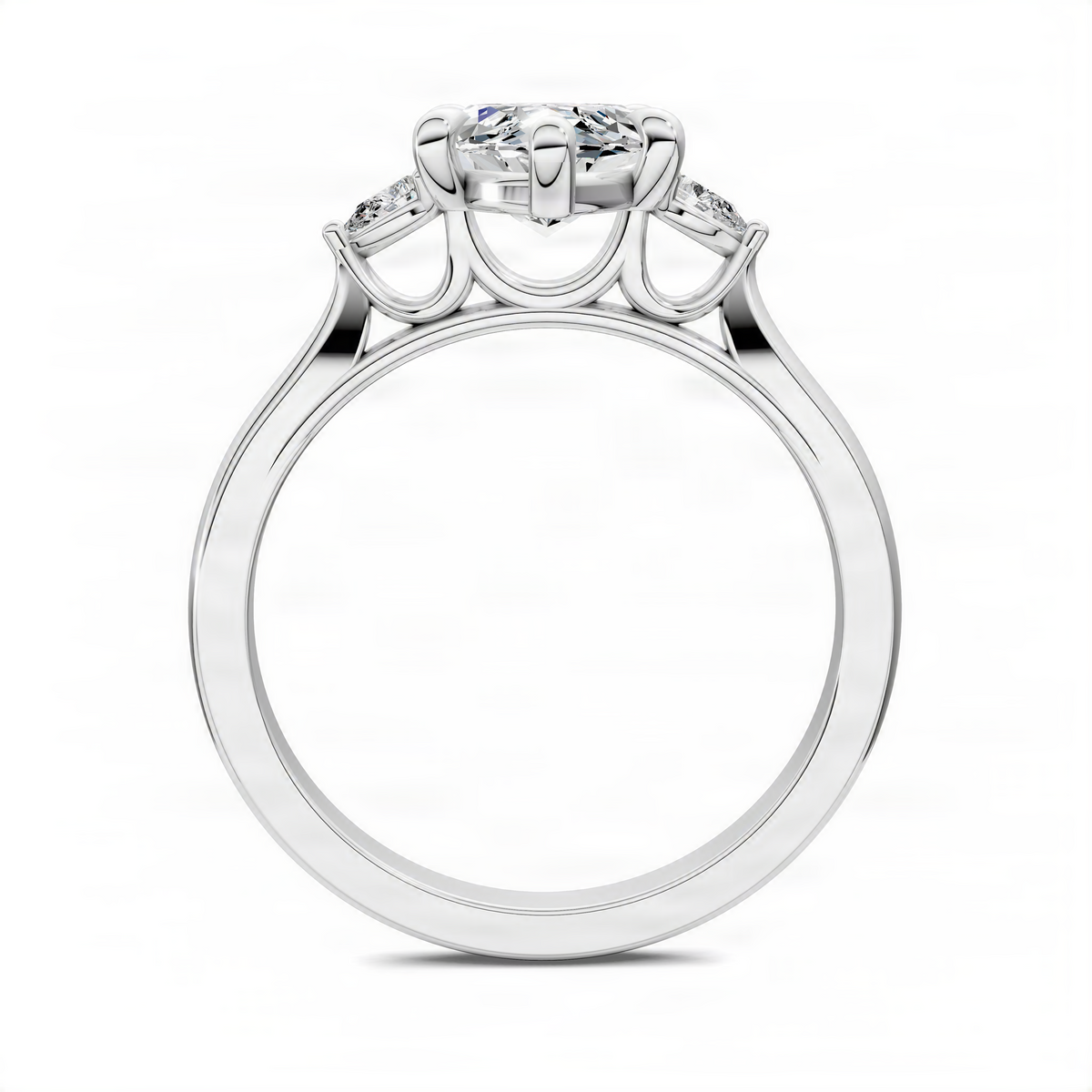 Three-stone marquise ring in platinum with marquise center and side stones, front view