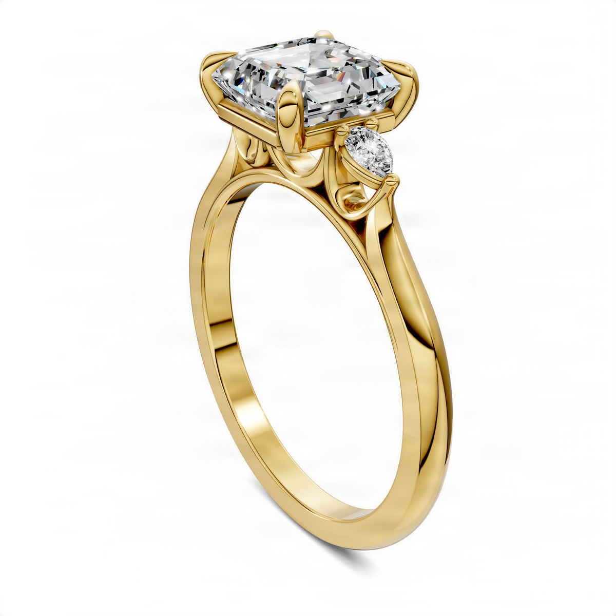 Yellow gold three-stone Asscher-cut ring with square center diamond and side diamond accents