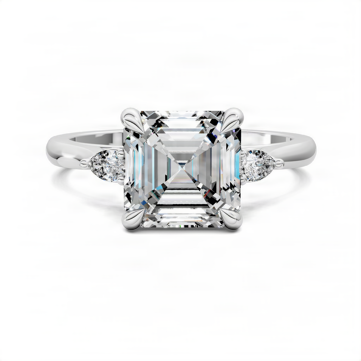Three-stone Asscher-cut ring in white gold with square center diamond and side diamonds