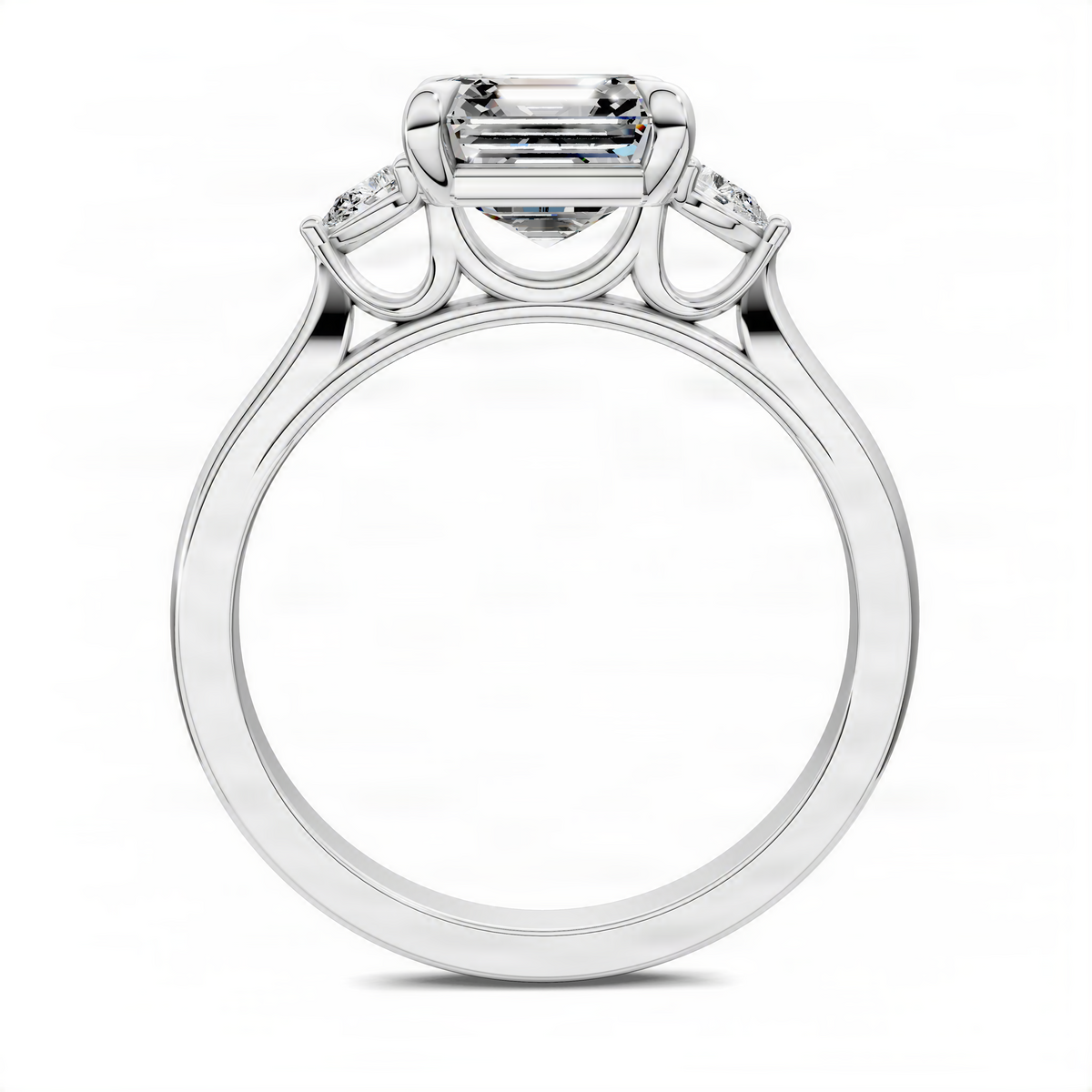 White gold ring band with three-stone setting and Asscher-cut center diamond