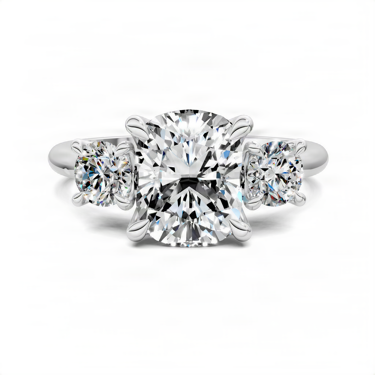 Three-stone cushion diamond ring in white gold with three cushion-cut stones