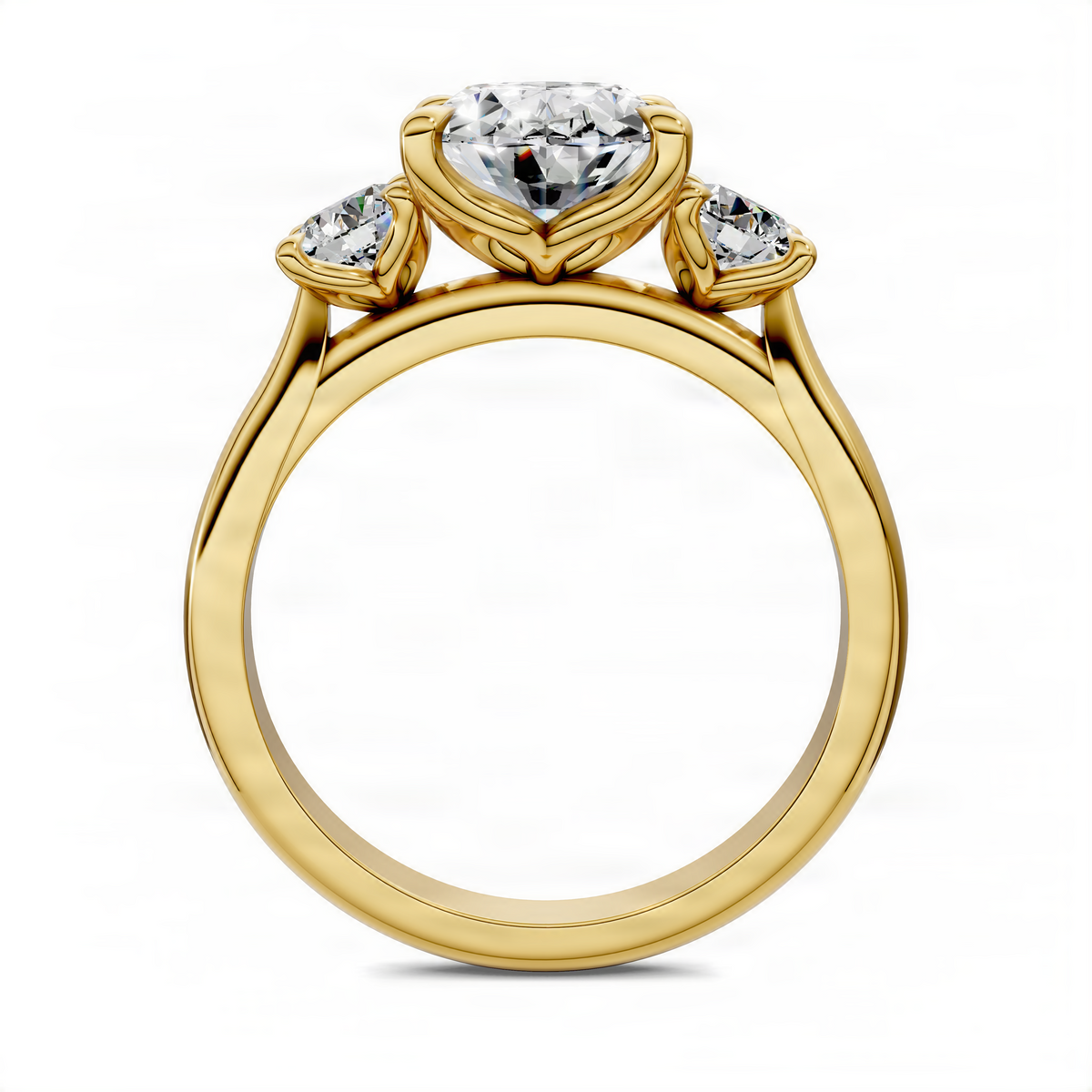 Yellow-gold oval three-stone ring with oval center and two side round stones