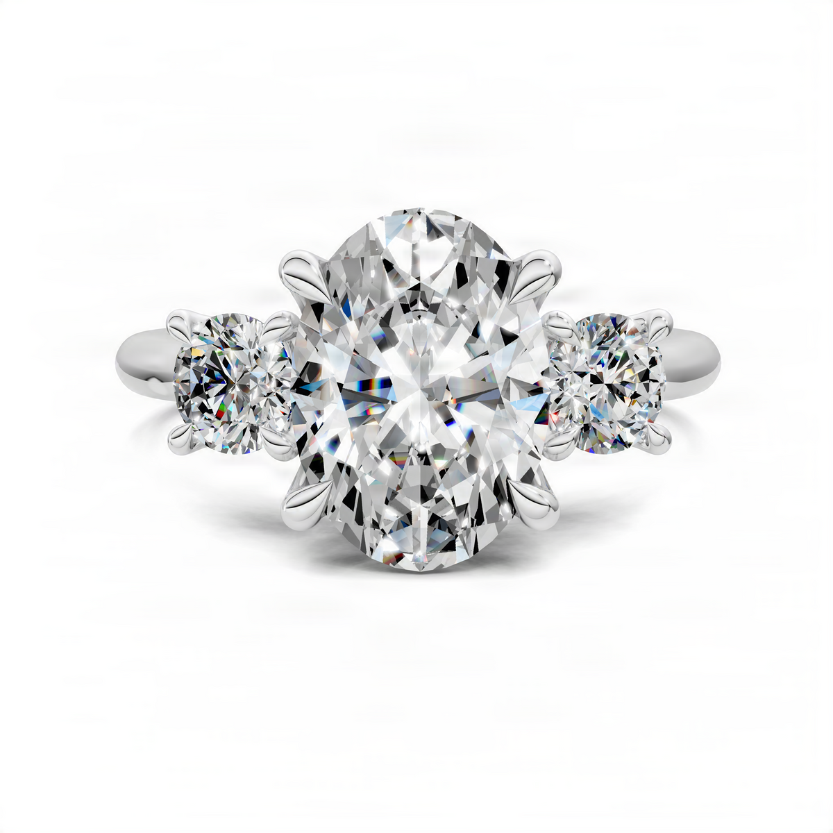 Front view white-metal oval three-stone ring with large oval center and side round stones