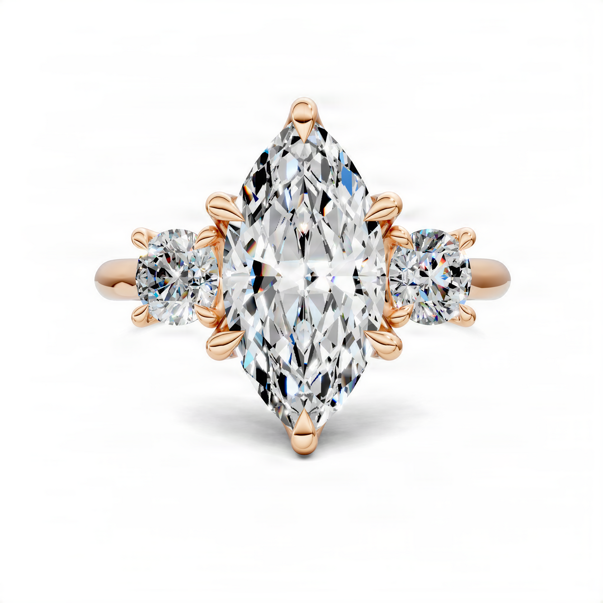 Rose gold marquise three-stone ring with large marquise center and round side diamonds