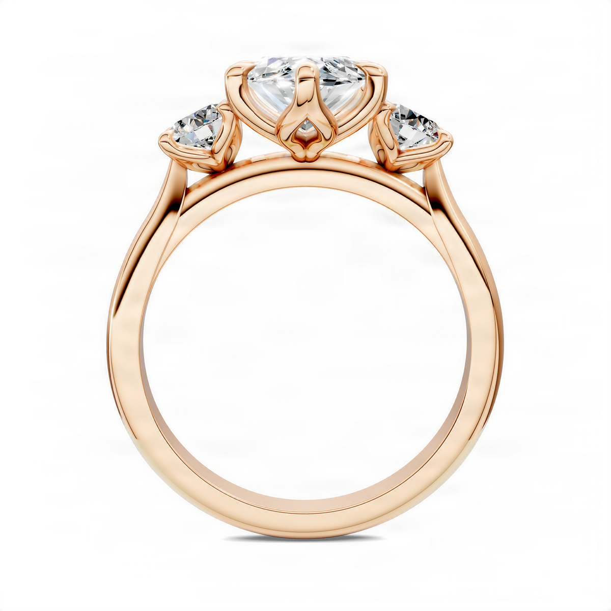 Rose gold marquise three-stone ring front view with three prong-set stones