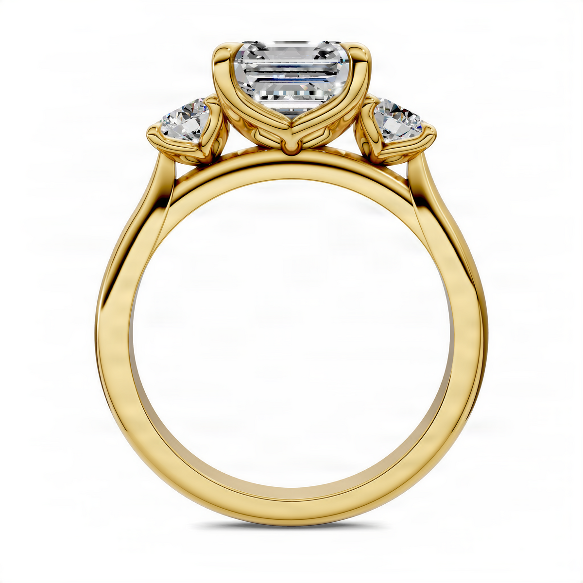 Three-stone Asscher-cut engagement ring prong details, round side diamonds, yellow gold.
