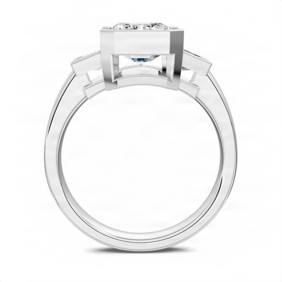 Platinum-toned three-stone ring top view with prong-set emerald-cut center stone