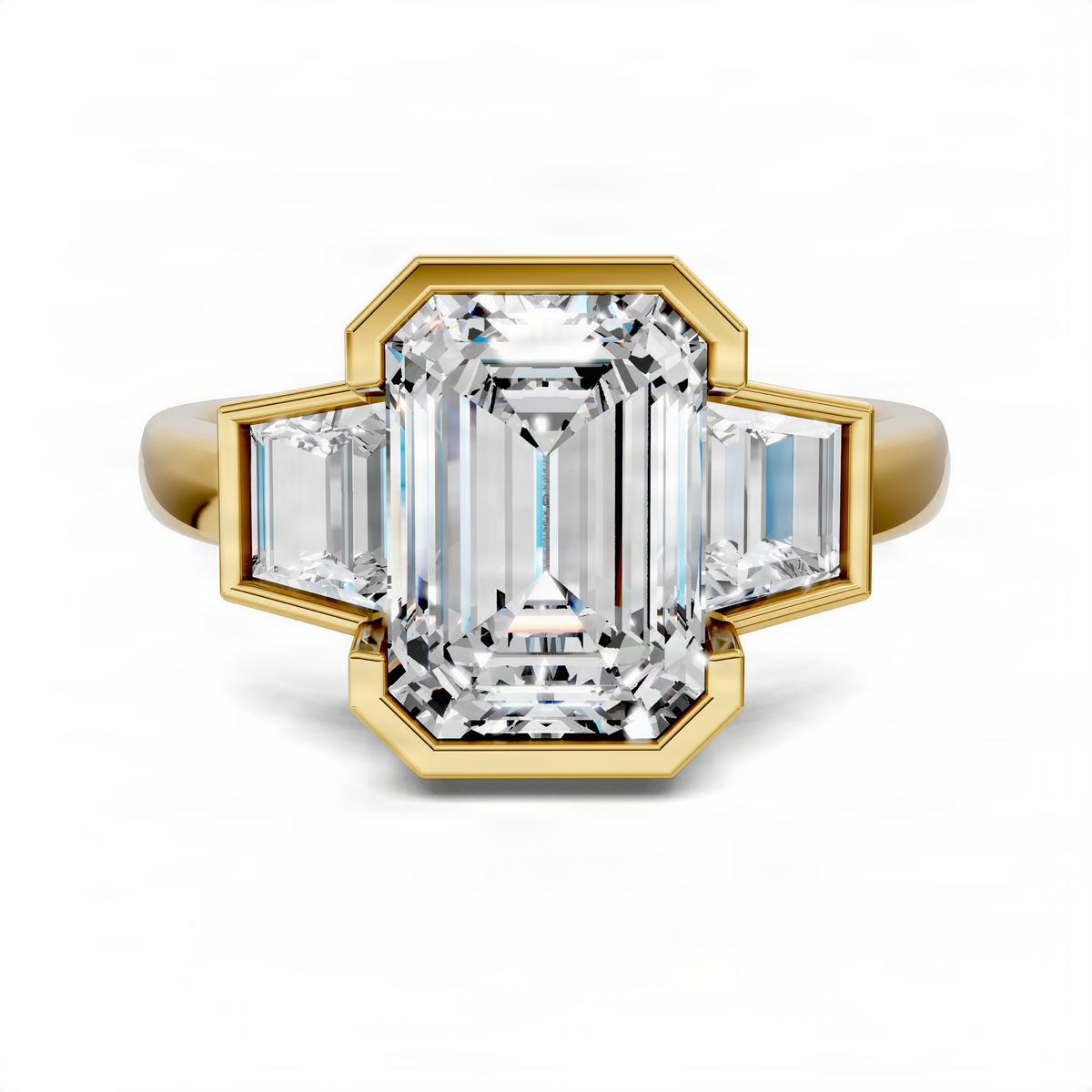 Yellow gold three-stone emerald-cut ring with clear center stone and baguette side stones