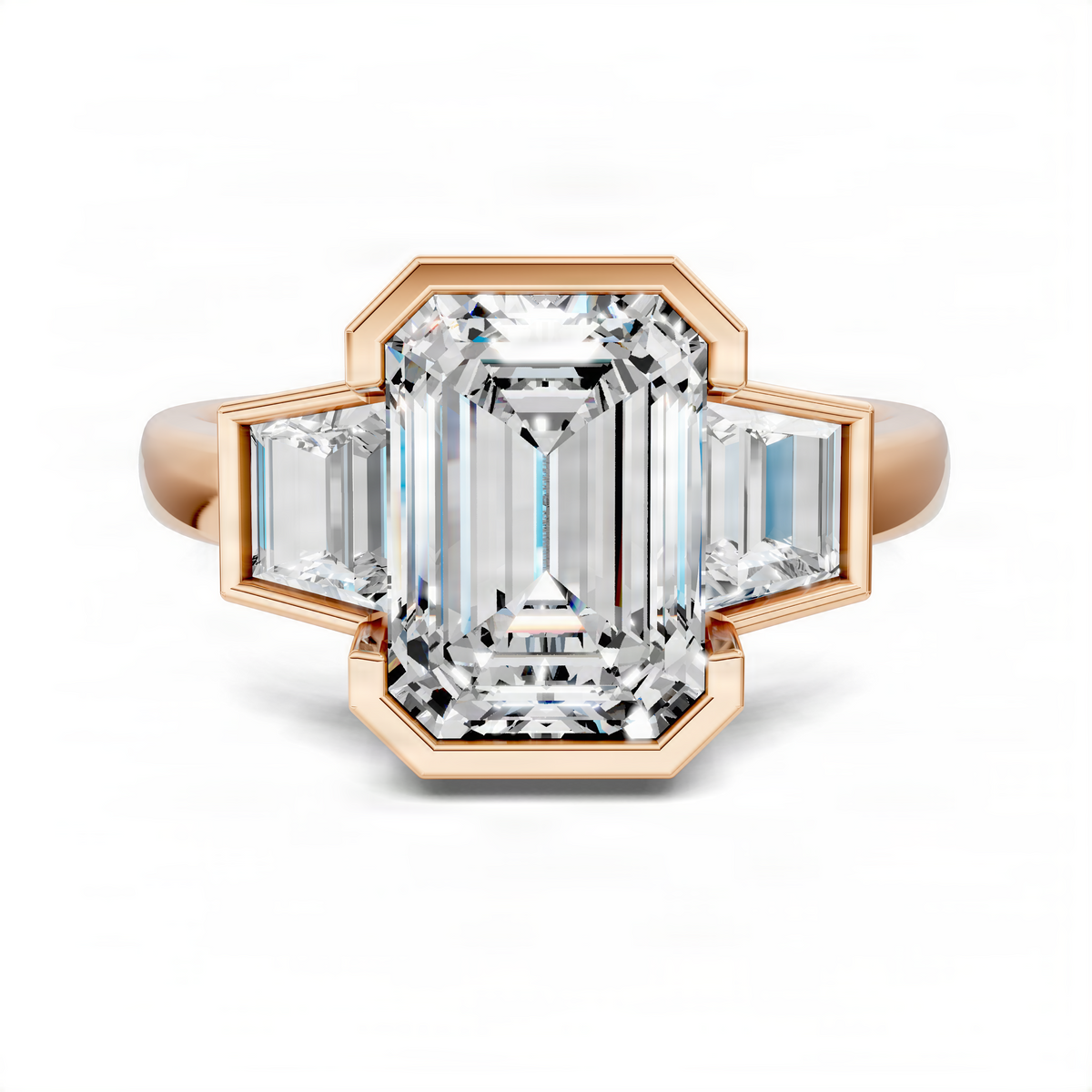 Rose gold three-stone emerald-cut ring with clear center stone and baguette side stones
