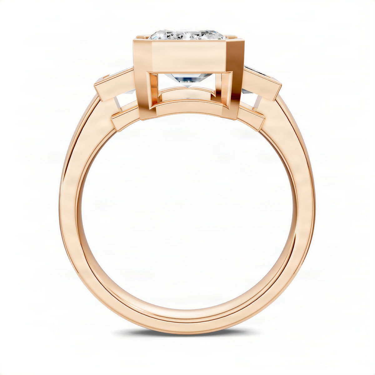 Rose gold three-stone ring top view with prong-set emerald-cut center stone