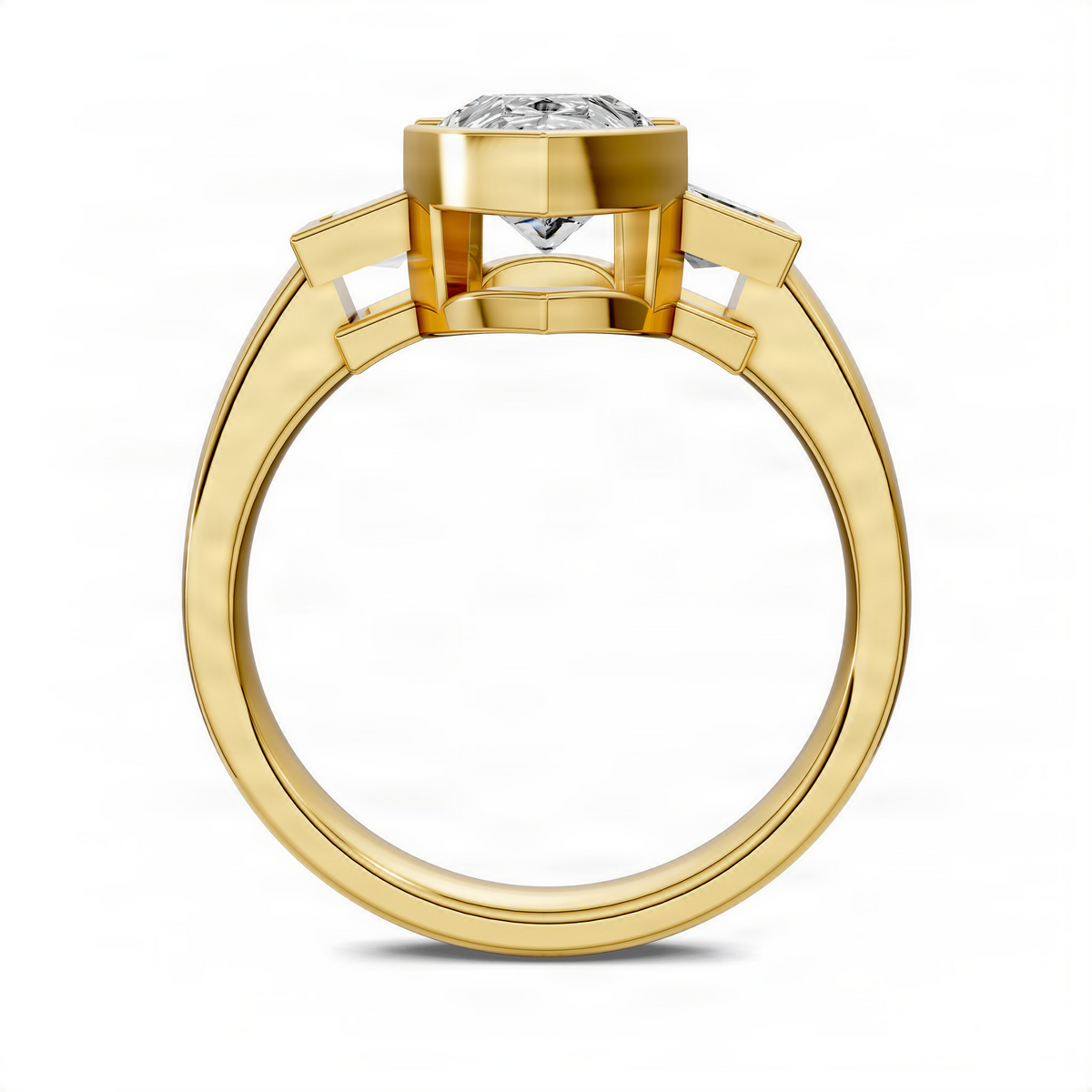 Pear-cut diamond three-stone bezel ring, yellow gold open back and prong-set center