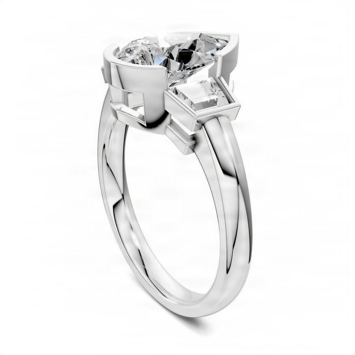 Pear-cut diamond three-stone bezel ring, white gold band shown at an angled perspective