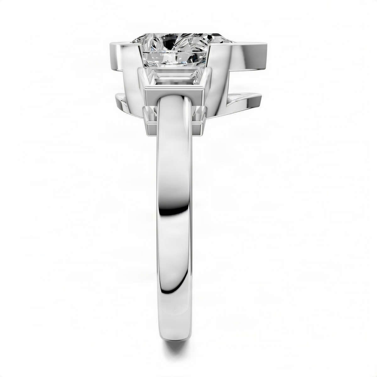 Pear-cut diamond three-stone bezel ring, white gold side view with center stone setting