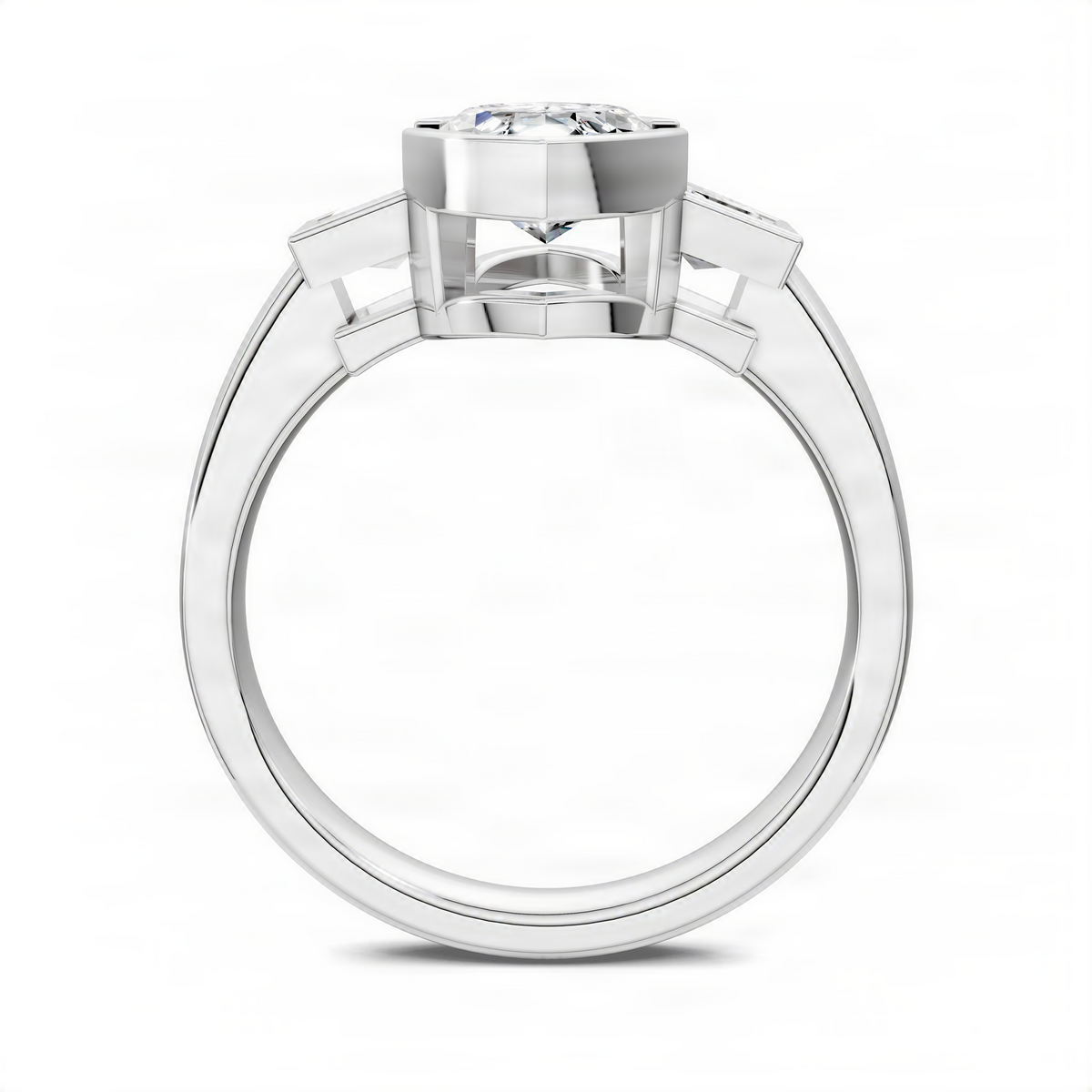 Three-stone marquise bezel ring in white metal, top view of bezel-set marquise center.