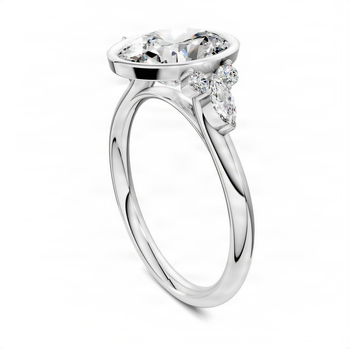 White metal oval bezel diamond ring, oval center stone with small side diamonds
