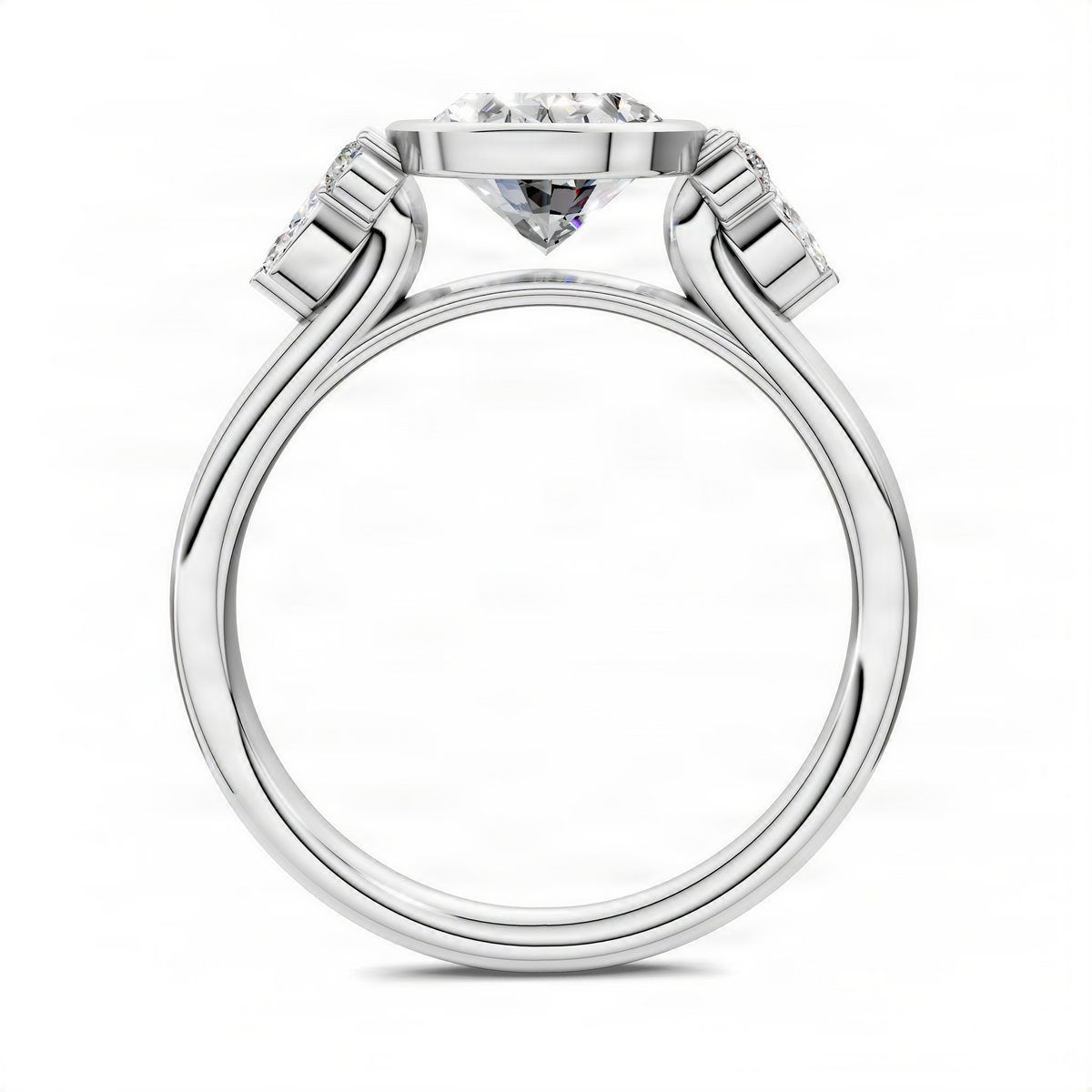 Platinum oval bezel diamond ring, oval center stone with clustered side diamonds