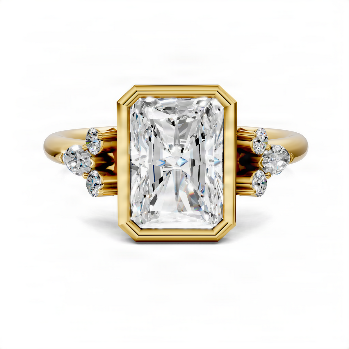 Yellow gold bezel ring with rectangular center stone and small round side stones.