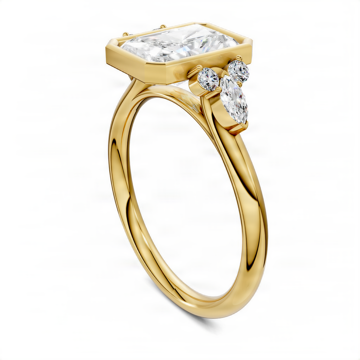 Yellow gold bezel ring with rectangular center stone and three round side stones.