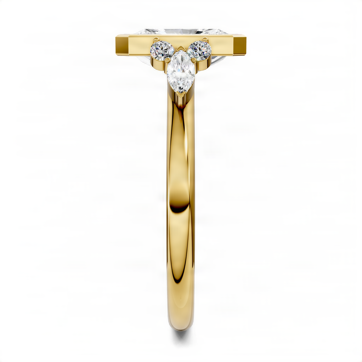 Yellow gold bezel ring with rectangular center stone and three round side stones.
