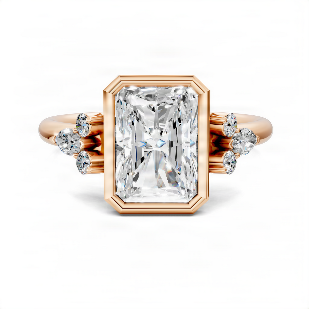 Rose gold bezel ring with large rectangular center stone and small round side stones.