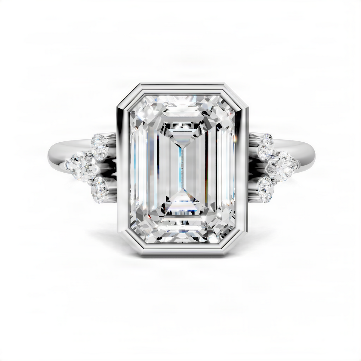 Platinum bezel-set ring with emerald-cut center stone and four side diamond stones