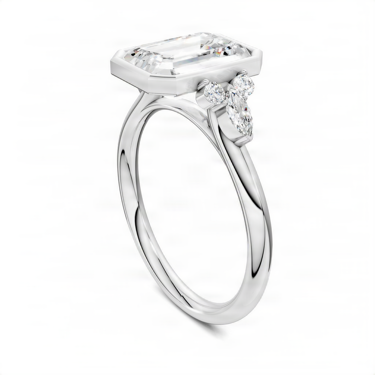 Platinum bezel-set ring with emerald-cut center stone and side three-stone diamonds