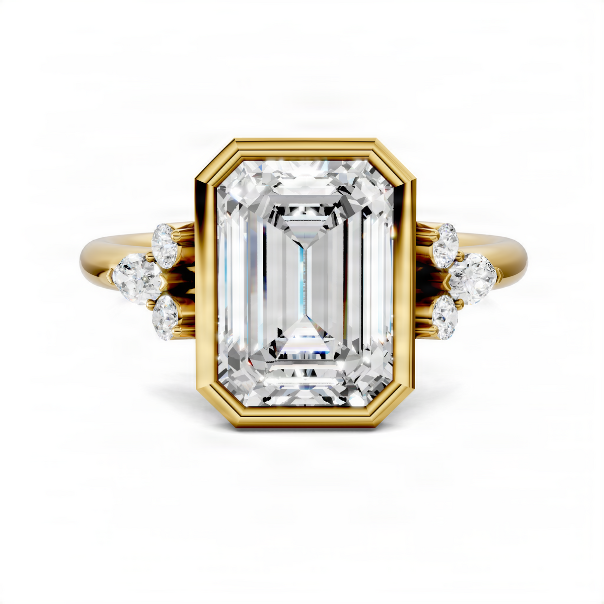 Yellow gold emerald-cut bezel ring with center stone and side clusters