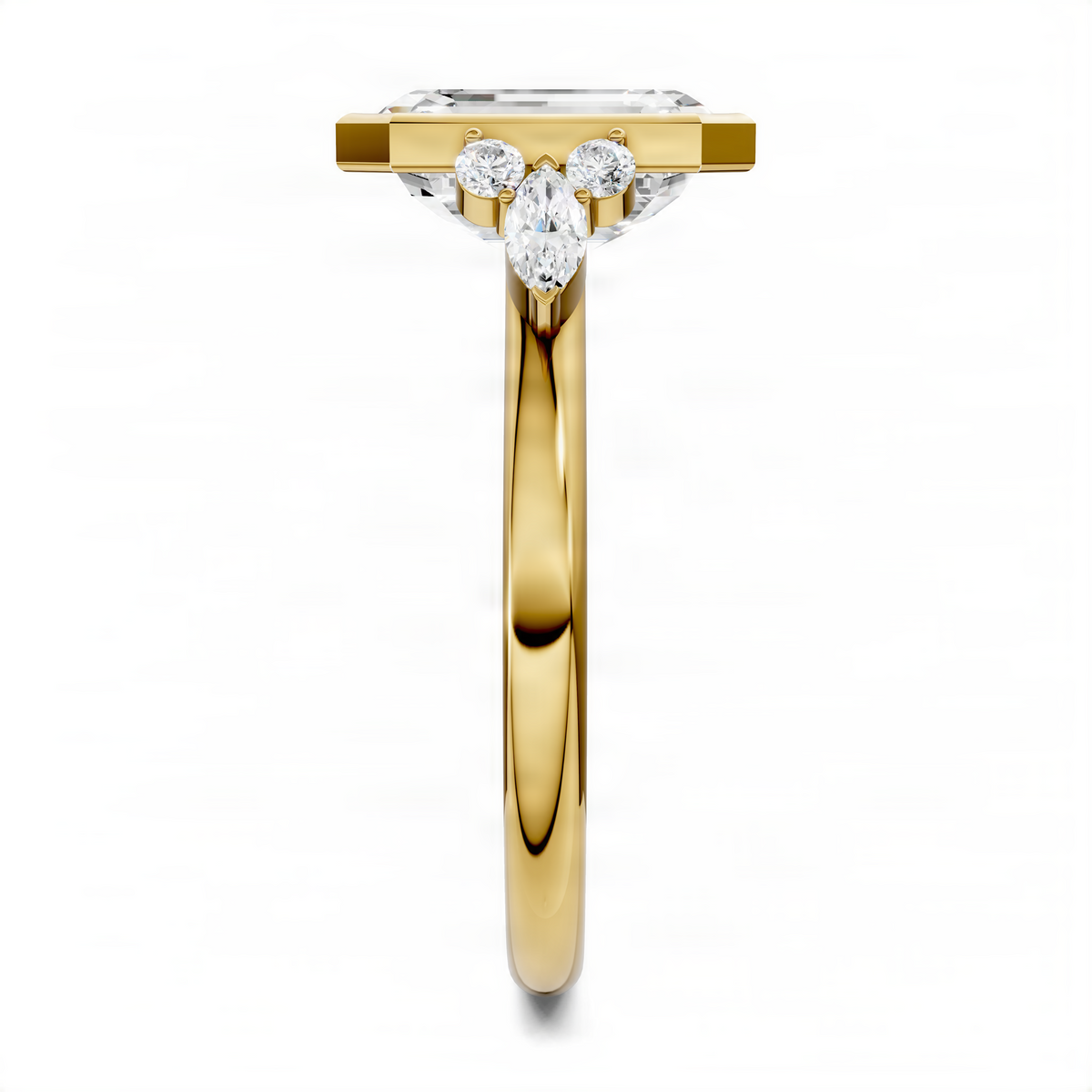 Yellow gold bezel-set ring with emerald-cut center stone and three diamond accents