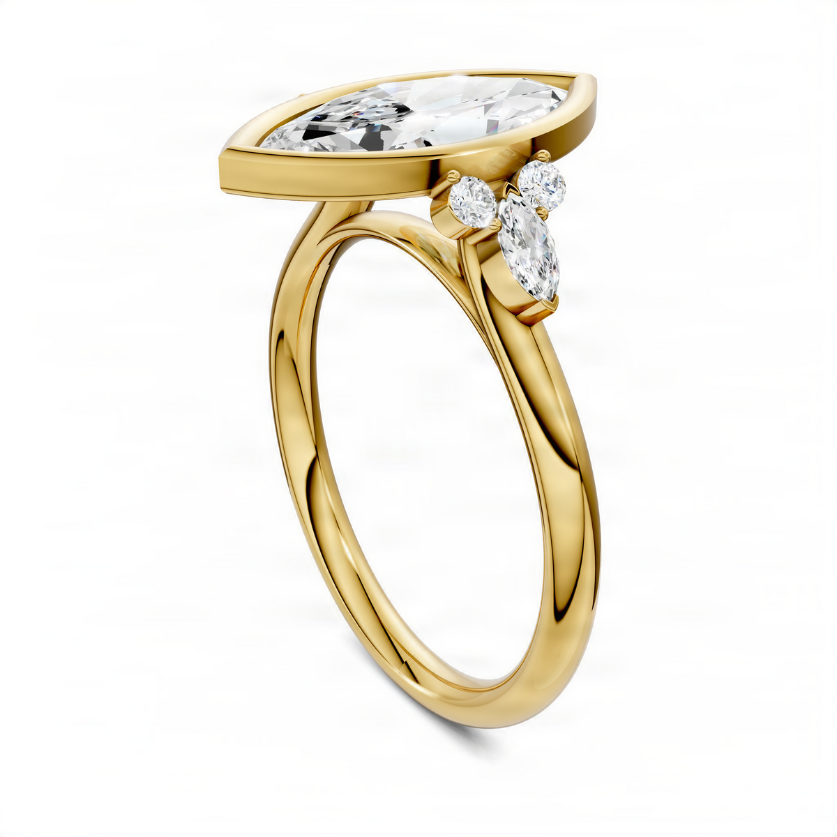 Opes marquise bezel ring side view with marquise center stone, yellow gold band and round stones