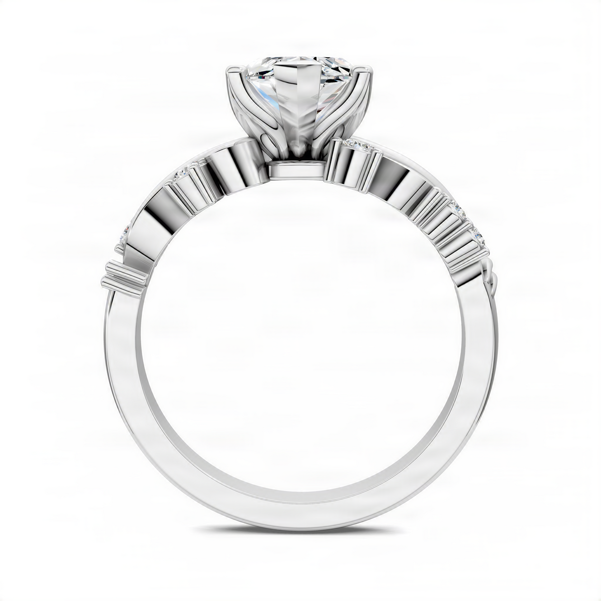 White gold marquise scroll ring top view with prong-set marquise center stone and ribbed shank