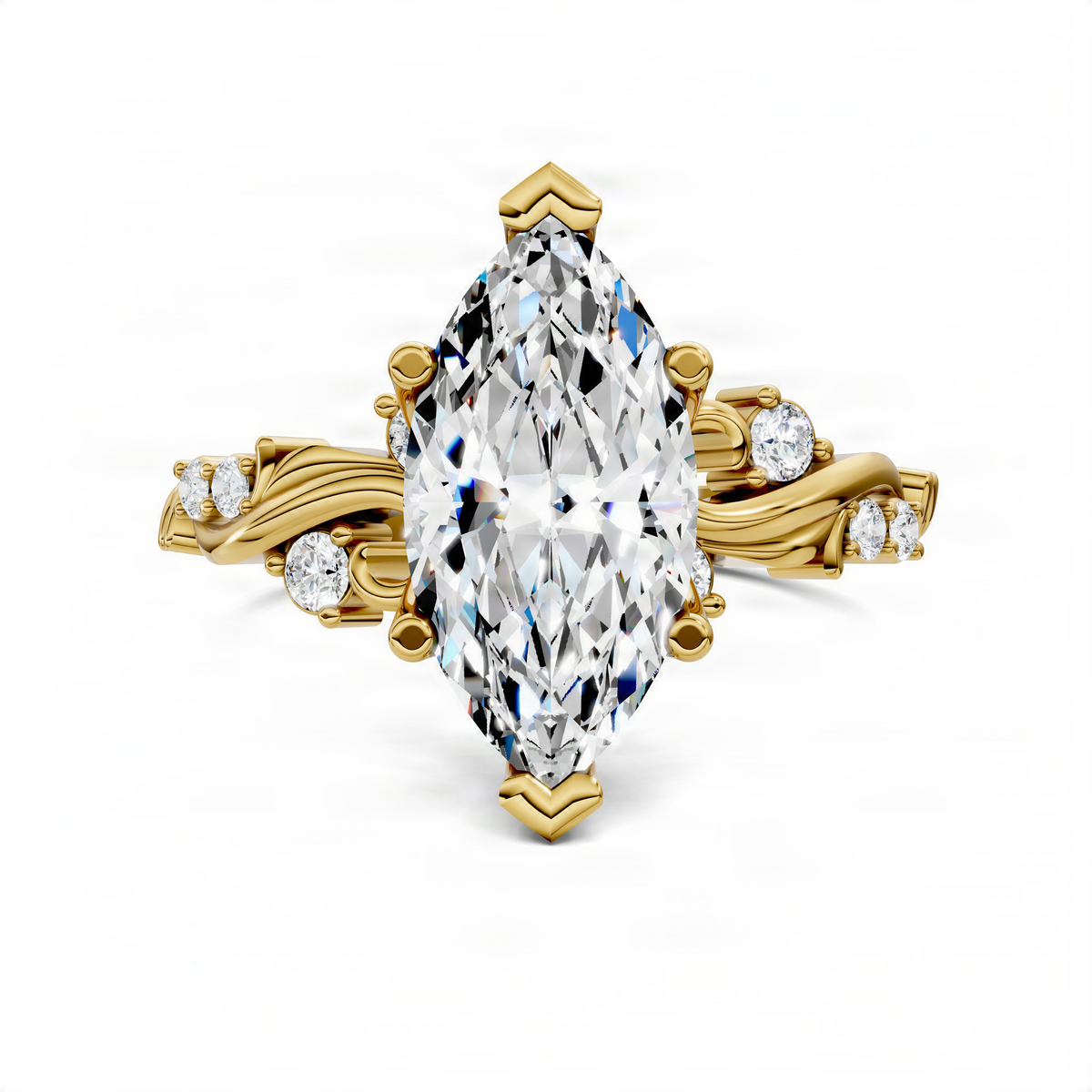 Yellow gold marquise scroll ring with marquise center stone and diamond side accents