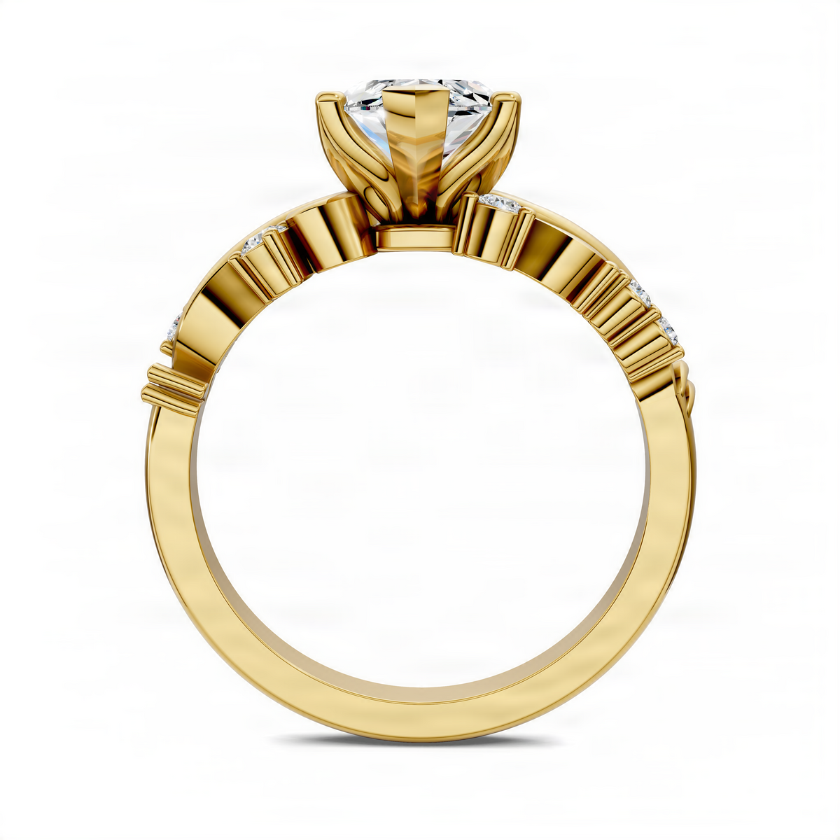 Marquise-cut diamond engagement ring, yellow gold band with scroll prongs