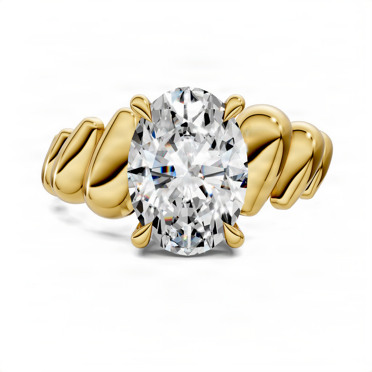 Yellow gold oval center stone ring with sculpted croissant-style band, prong-set.