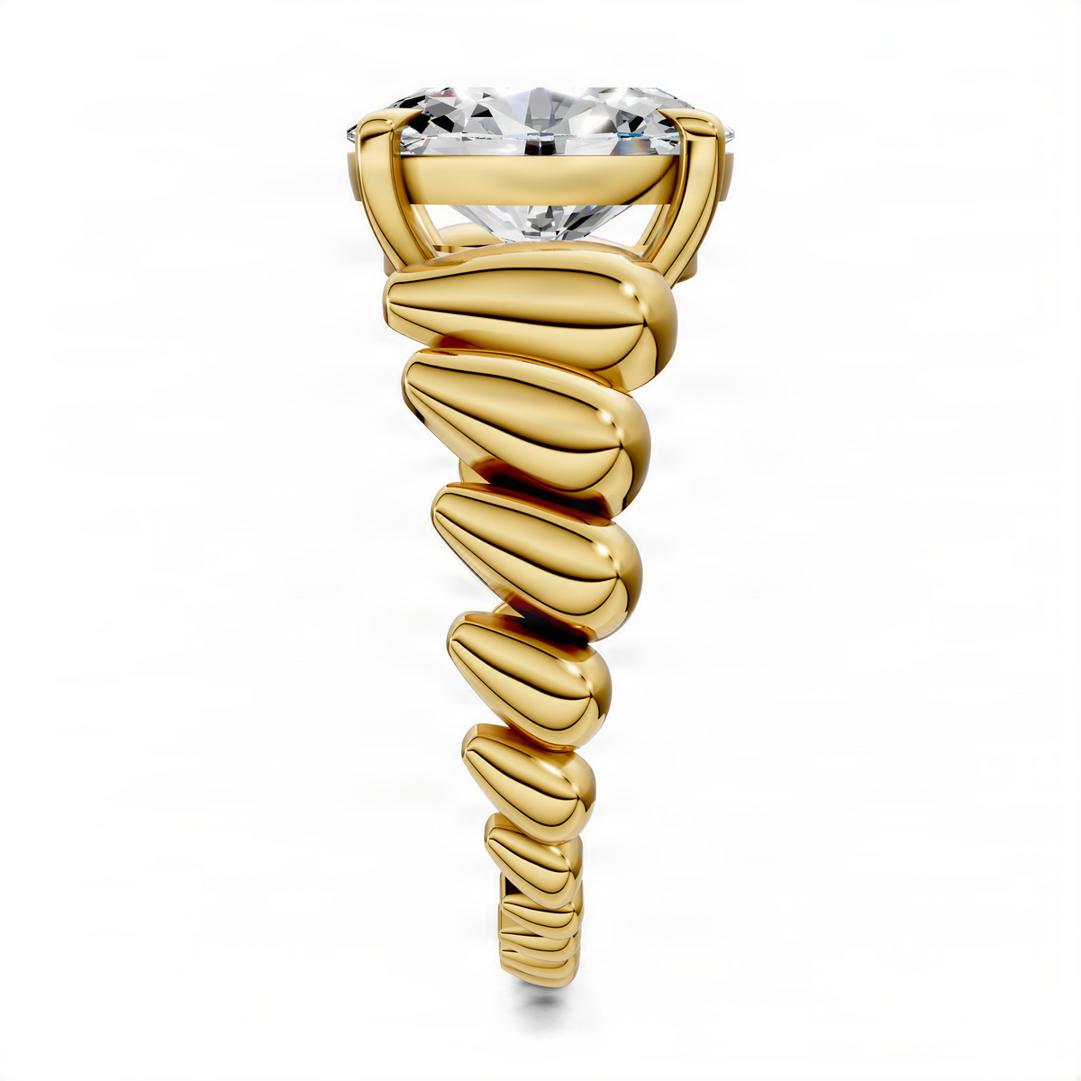 Yellow gold oval center stone ring with sculpted croissant band, front side view.