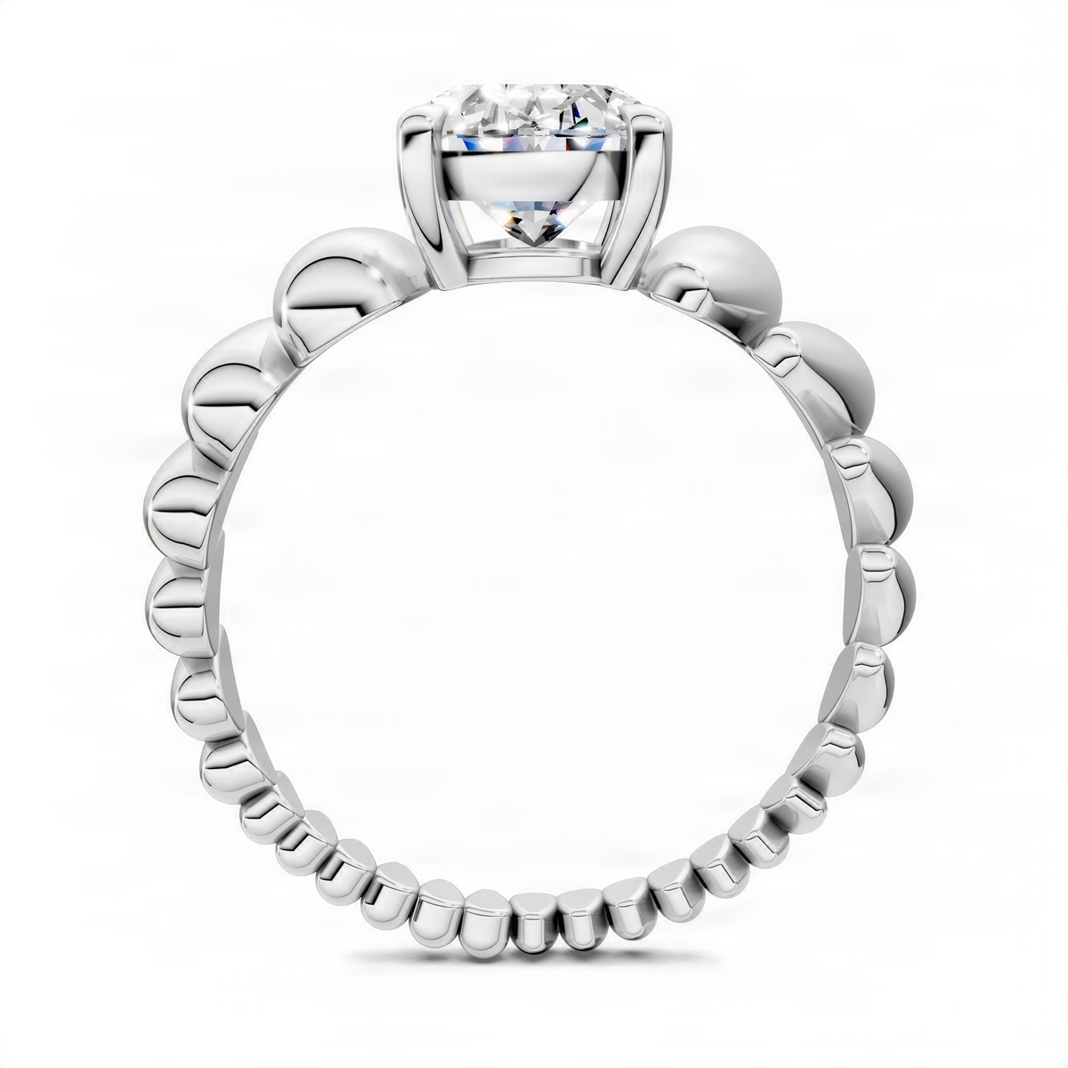 White metal prong-set oval center stone ring with ribbed croissant-style shank, front view.
