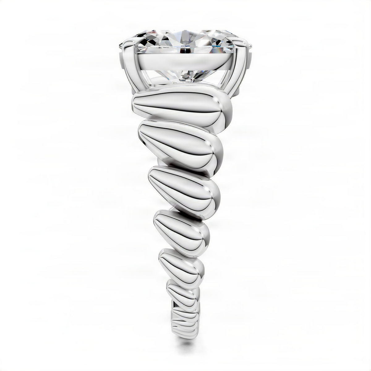 White metal oval center stone ring with sculpted croissant band, front side view.