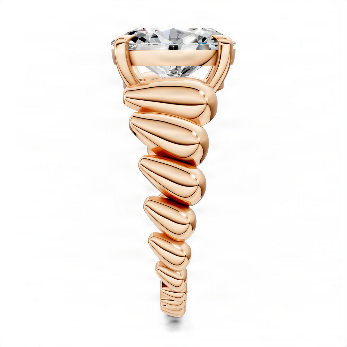 Rose gold oval center stone ring with sculpted croissant band, front side view.