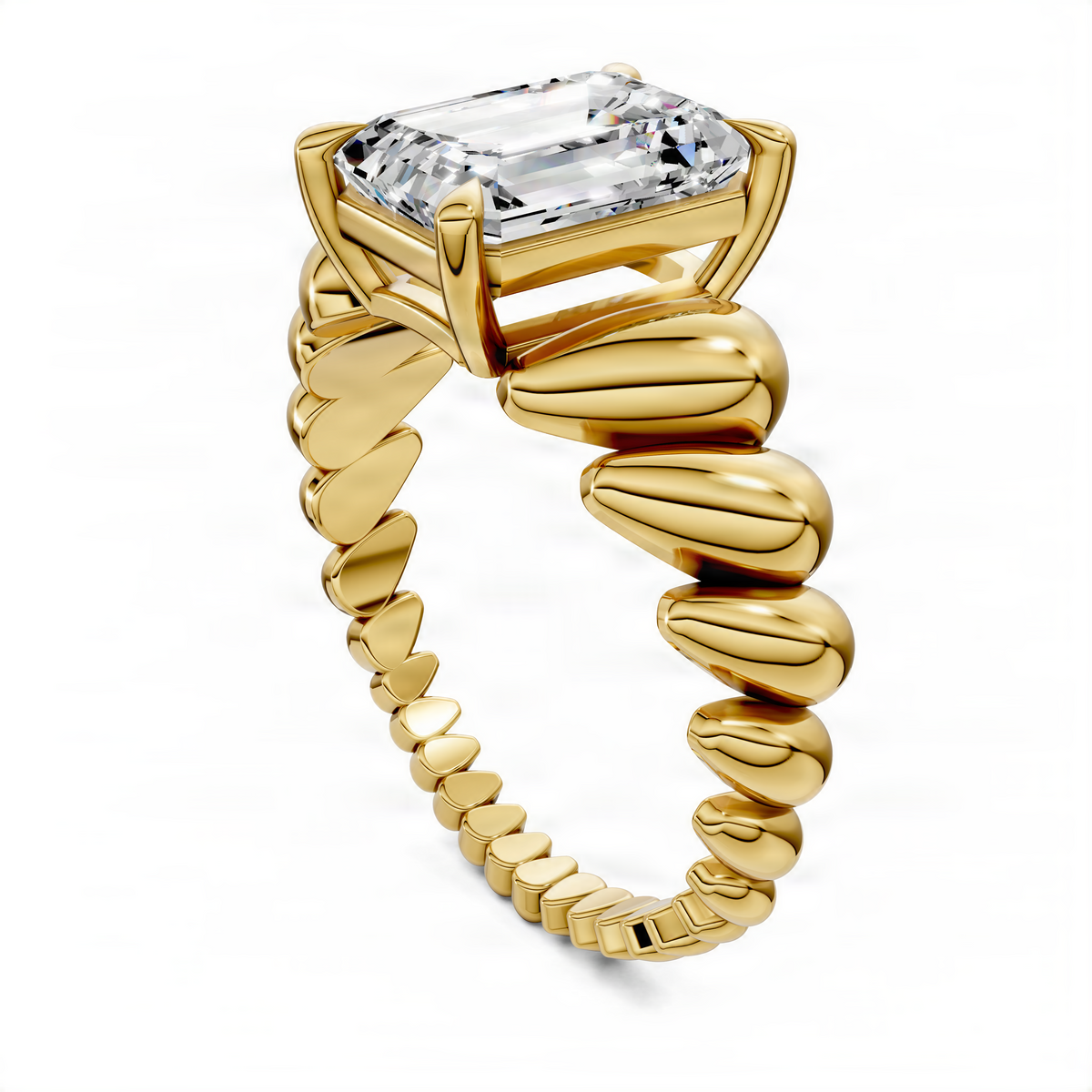 Gold croissant ring with square-cut center gemstone and twisted open band