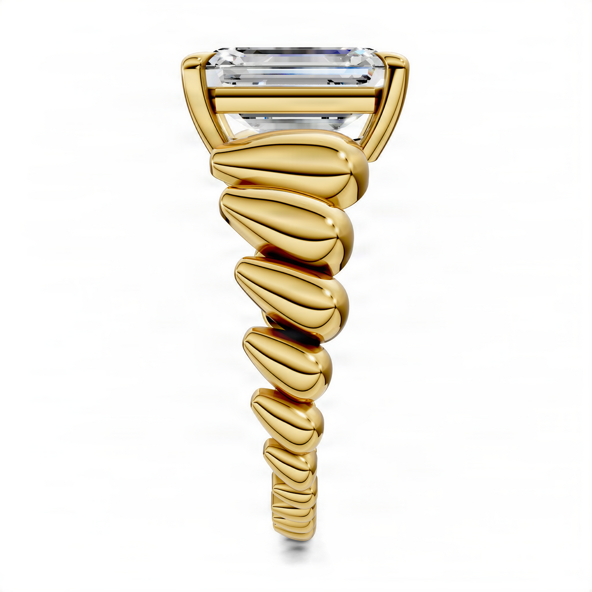 Gold croissant ring with rectangular center gemstone and twisted shank