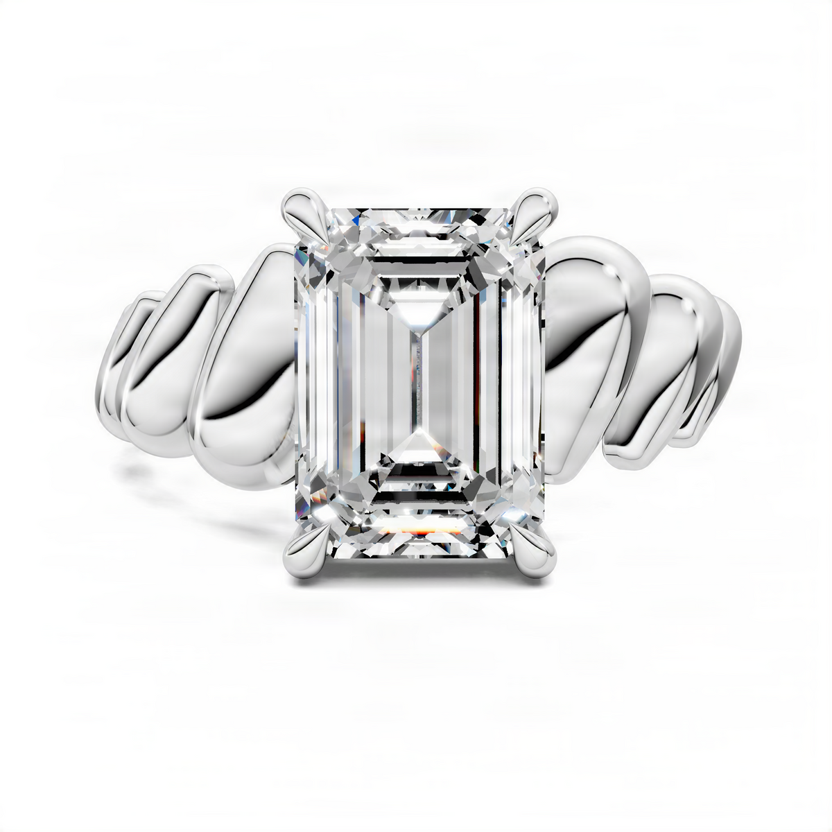 White gold croissant ring with square-cut center gemstone in four-prong setting
