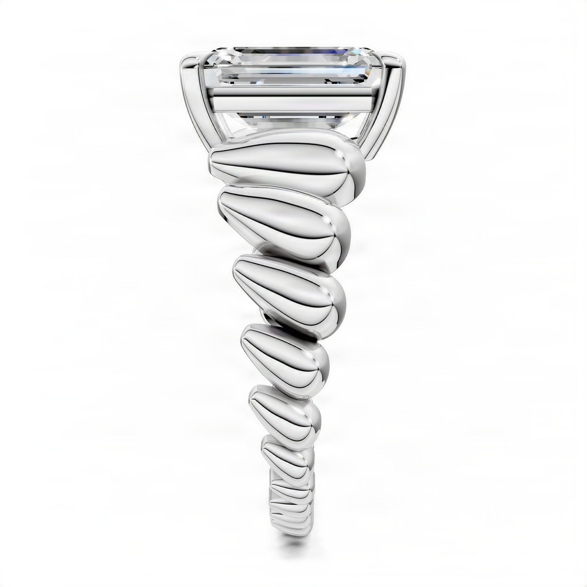 Croissant ring front view with rectangular clear center stone and smooth twisted band, silver-toned