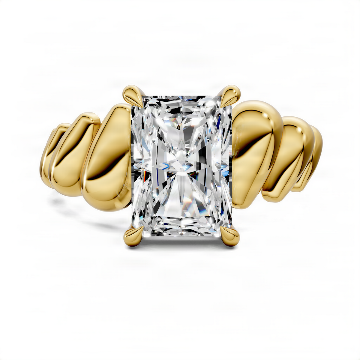 Yellow gold radiant croissant ring with square-cut clear center stone and twisted band
