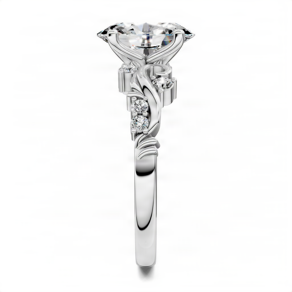 Silver-toned oval diamond scroll ring with prong-set oval center and round side stones