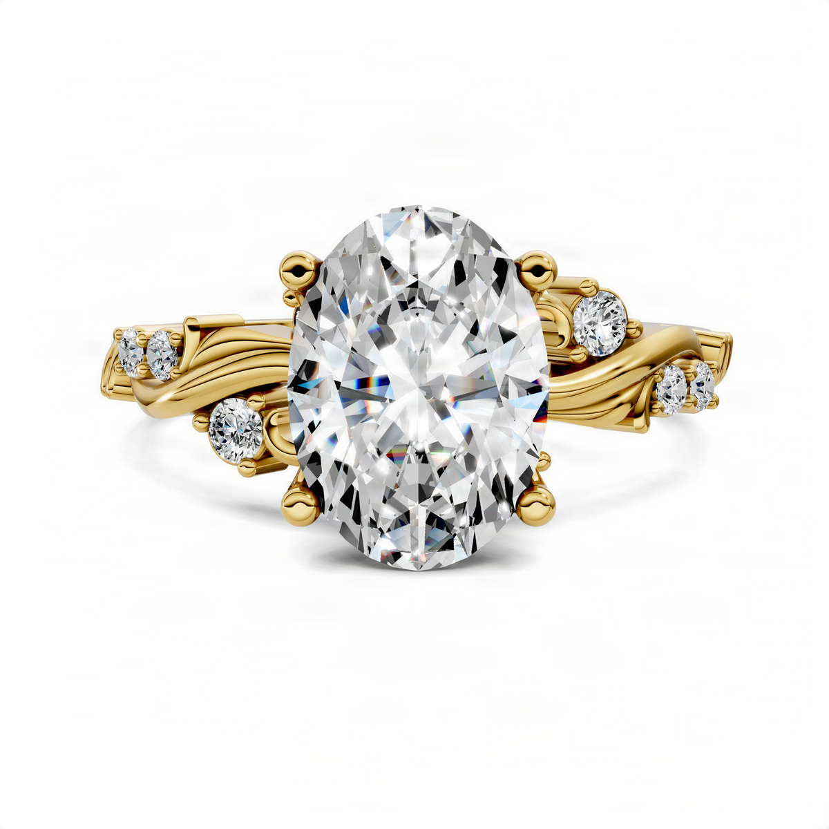 Oval scroll ring in yellow gold with oval center stone and scrollwork diamond side accents