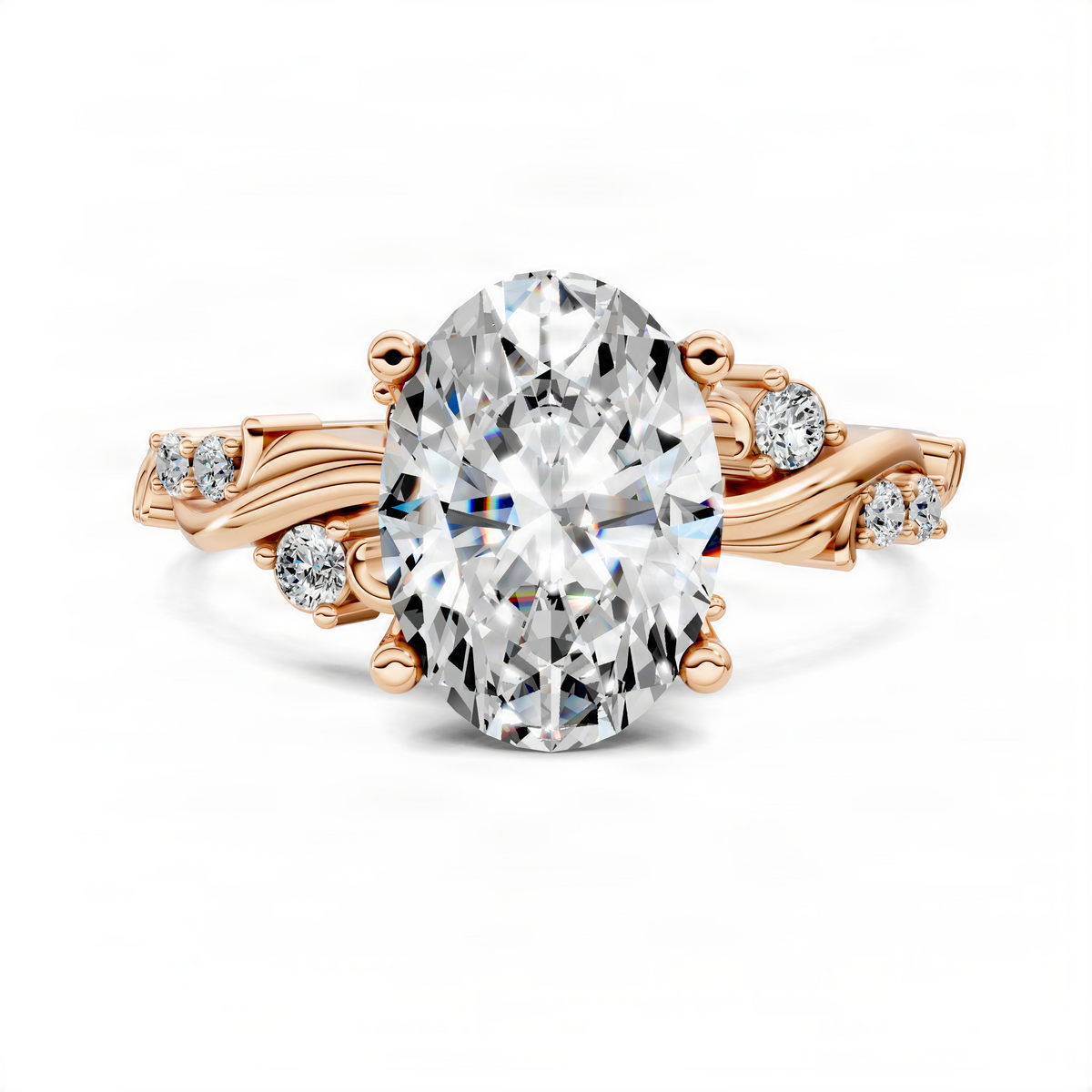 Rose-gold oval diamond scroll ring with round side stones and prong-set center