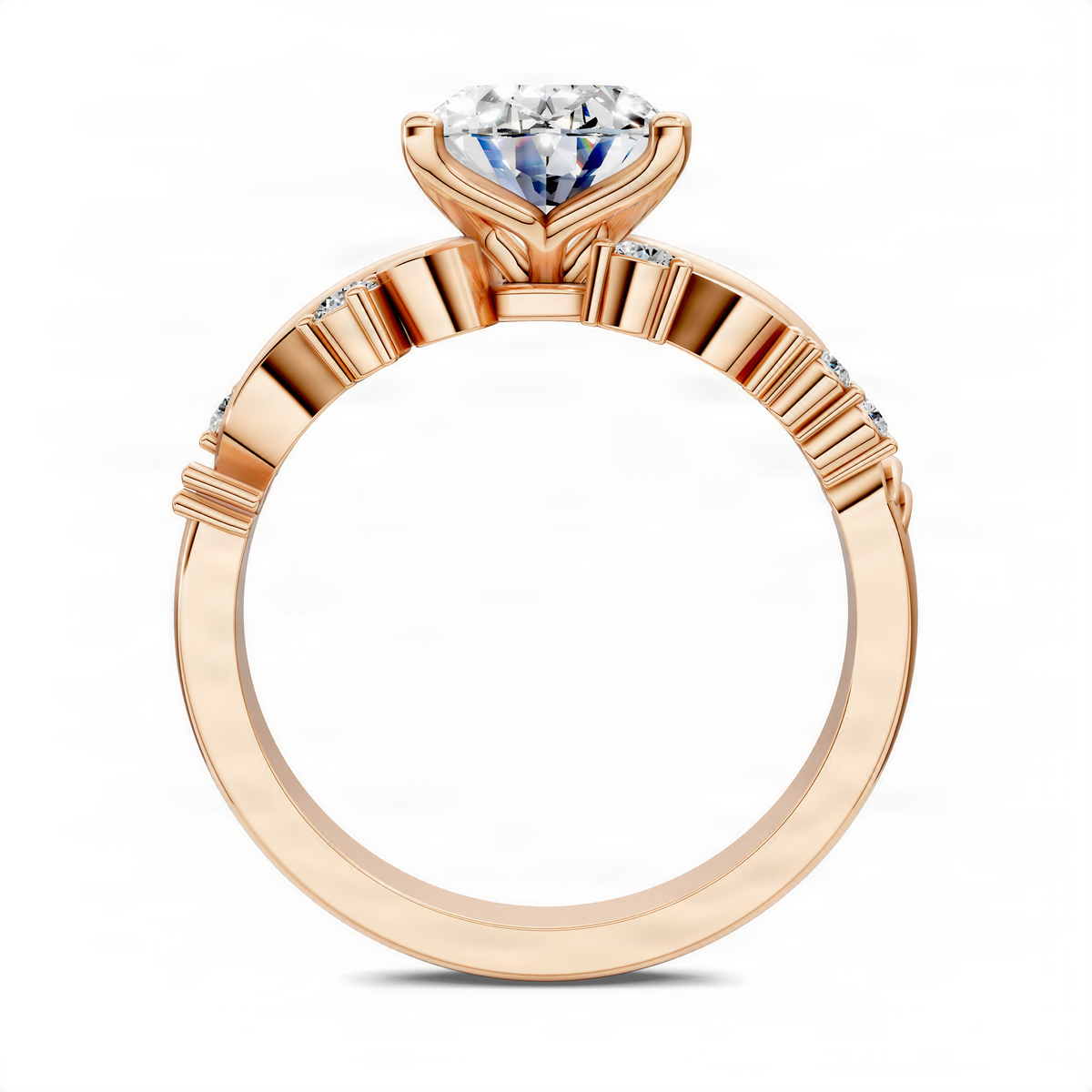 Rose gold oval scroll ring with oval center stone, ribbed band, and diamond accents