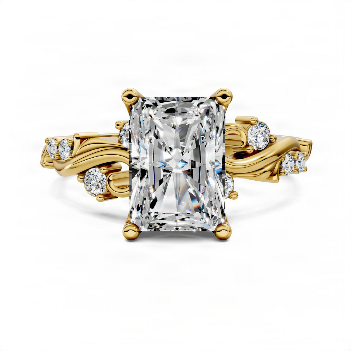 Yellow gold radiant scroll ring with large square-cut center diamond and round side stones