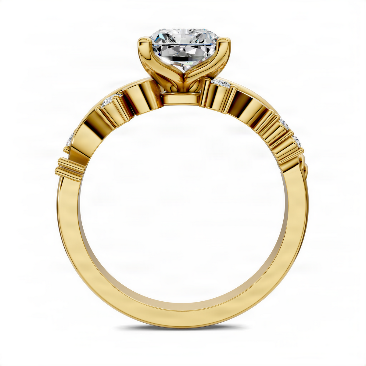 Yellow gold radiant scroll ring featuring an oval center diamond and glittering side accents